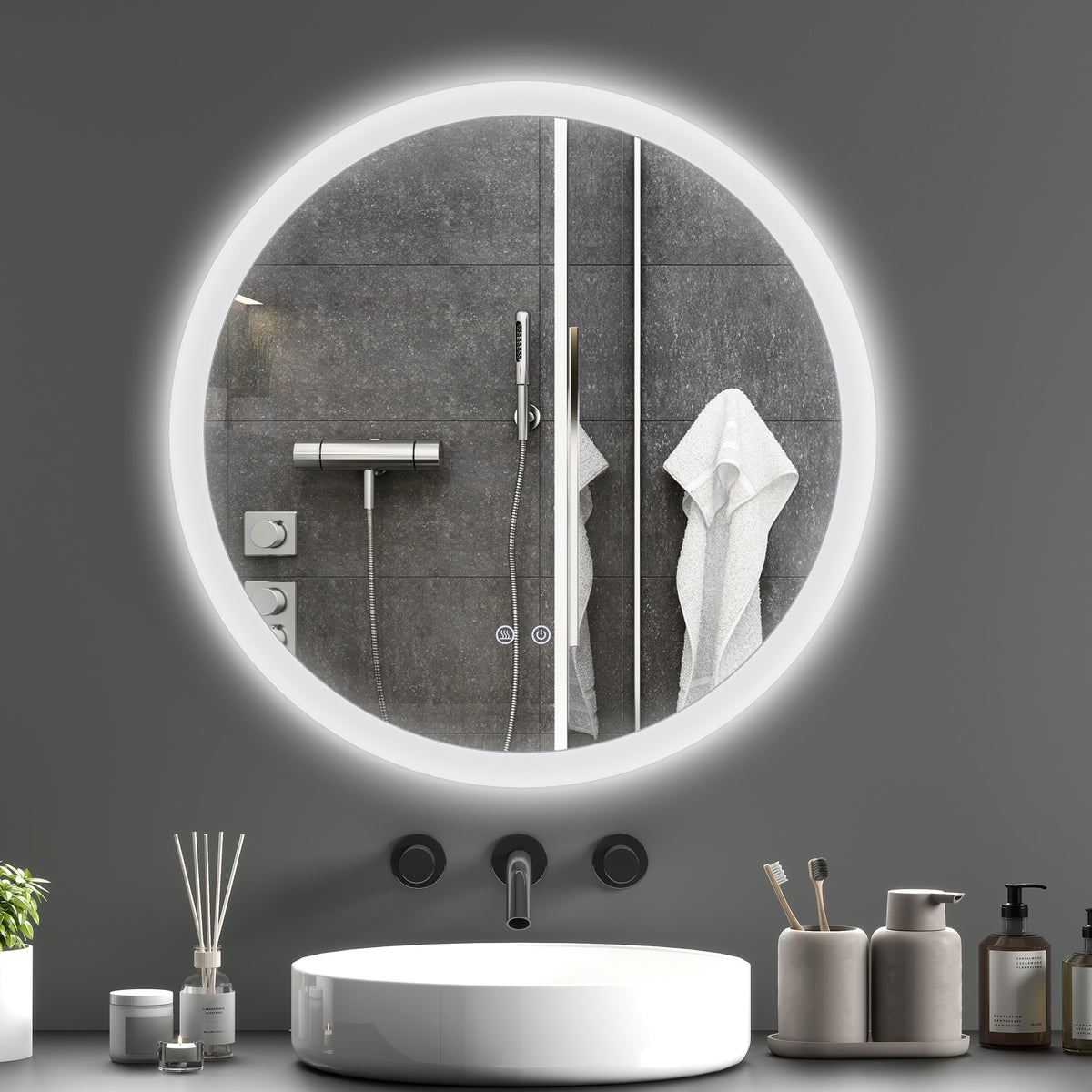 Miroir rond lumineux LED de salle de bain Ø 70 cm mural éclairage interrupteur tactile système antibuée 35W blanc argent