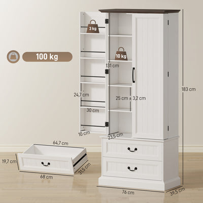 Buffet haut cuisine, armoire de cuisine, LED à capteur, 2 portes, tiroirs et étagères réglables, 76x39,5x183cm, blanc