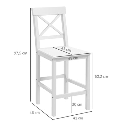 Lot de 2 chaises hautes, chaises de bar style campagne chic en bois hauteur 60 cm avec repose-pieds, blanc