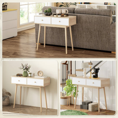 Table console avec 2 tiroirs et pieds en bois, pour salon, entrée, couloir, 86 x 35 x 75 cm, chêne et blanc