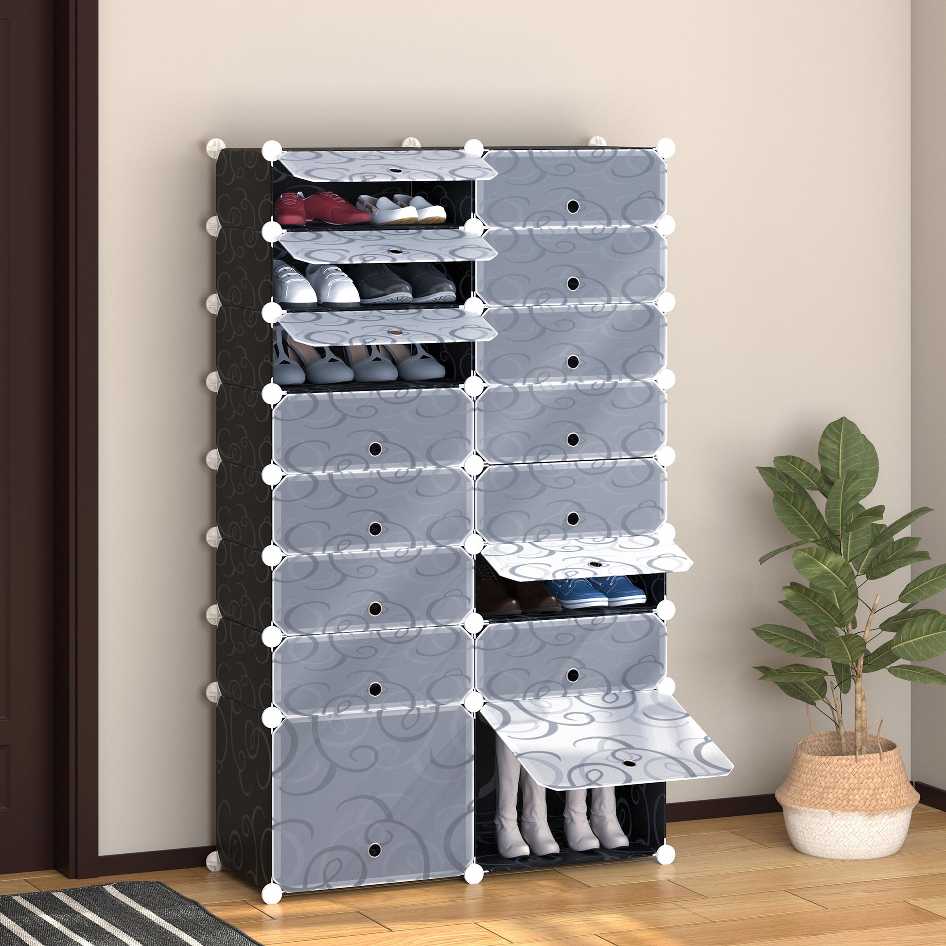 Armoire à Chaussures Modulable Range Chaussures L 95 x l 37 x H 160 cm 14 Cubes rectangulaires et 2 Grands Cubes Noir et Blanc en plastique