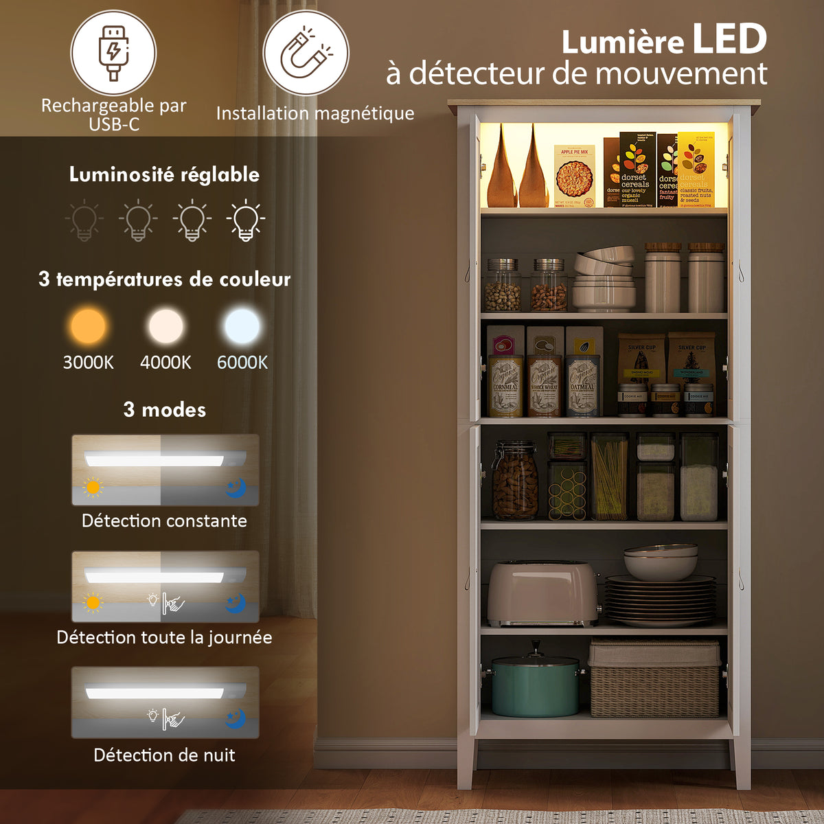 Buffet cuisine, meuble cuisine rangement haut avec LED réglable et détecteur de mouvement, 80 x 40 x 176,5 cm, blanc