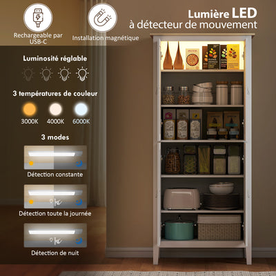 Buffet cuisine, meuble cuisine rangement haut avec LED réglable et détecteur de mouvement, 80 x 40 x 176,5 cm, blanc