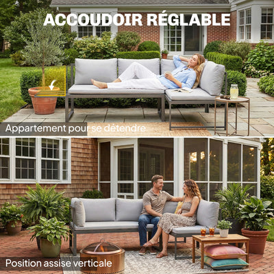Salon de Jardin Mobilier de Terrasse 3 Pièces 4 Places Modulable avec Accoudoir Réglable Coussins Épais 16cm Gris