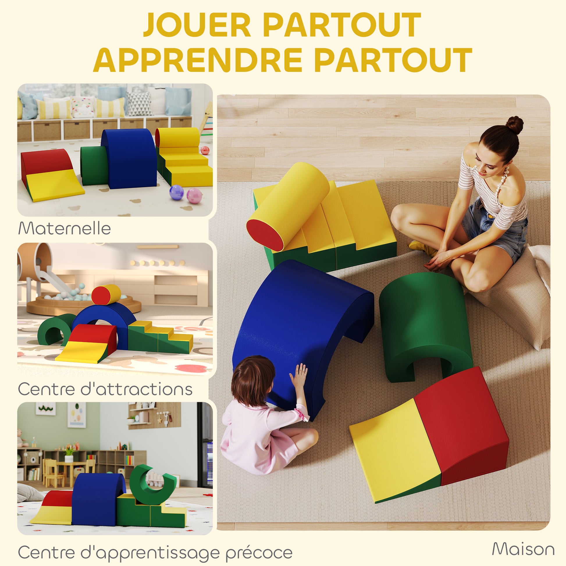 Parcours motricité enfants jouets d'escalade modulable 5 briques géantes en mousse 181 x 39 x 44 cm multicolore