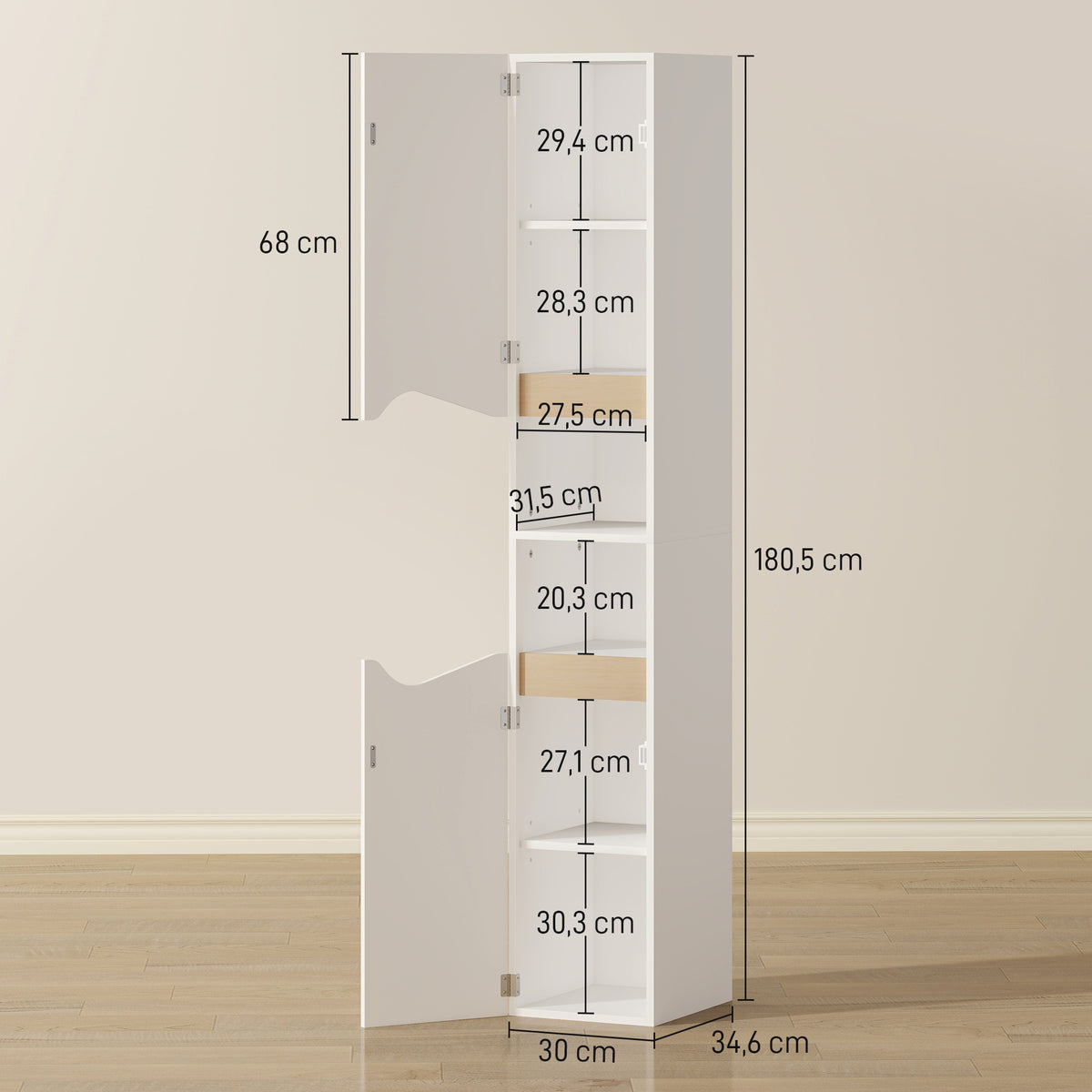 Meuble colonne salle de bain étroit, 2 portes, compartiments ouverts, étagères réglables, 30 x 34,6 x 180,5 cm, blanc
