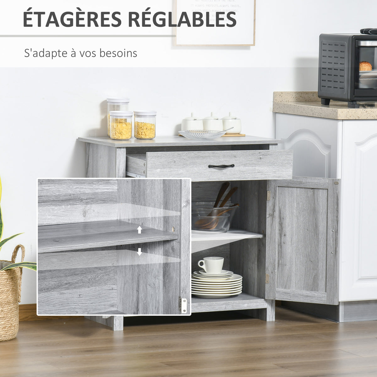 Buffet salon, meuble de rangement avec tiroir, 2 portes de grange et étagère réglable, buffet salle à manger et