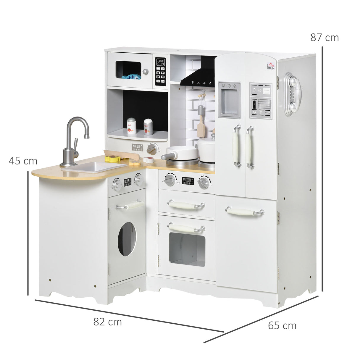 Cuisine pour Enfant 3-6 ans Jeu d'imitation Nombreux Accessoires rangements évier, robinet, four, micro-ondes, hotte, téléphone et réfrigérateur Blanc