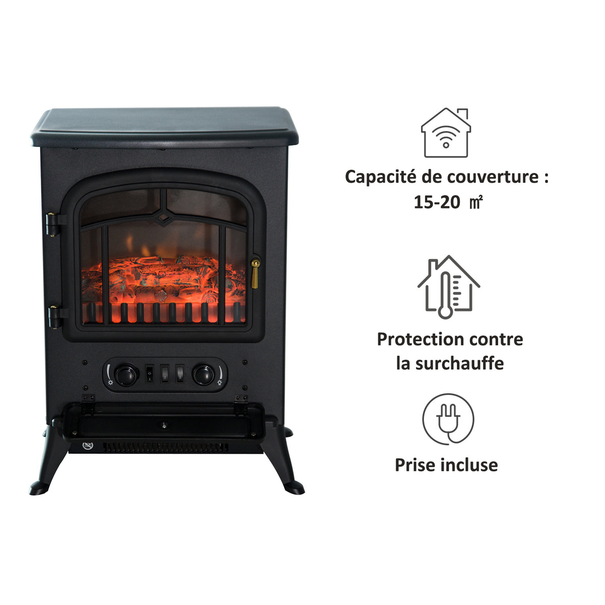 Cheminée électrique à Effet de Flamme poêle Style rétro Thermostat 1000/2000 W Anti surchauffe Noir