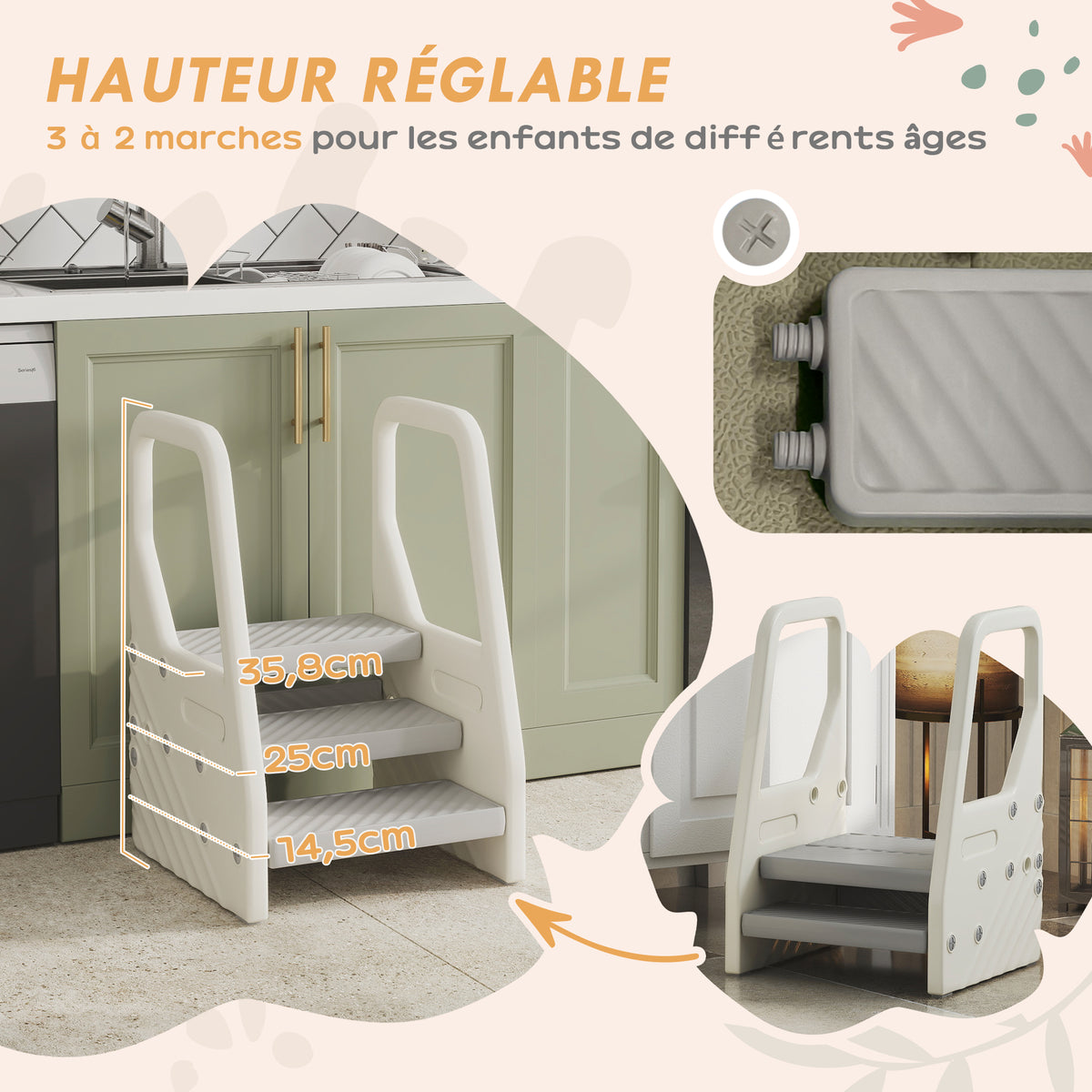 Marchepied enfant escabeau 3 marches pour enfants hauteurs réglables de 3 à 2 marches 43 x 42 x 65,5 cm gris