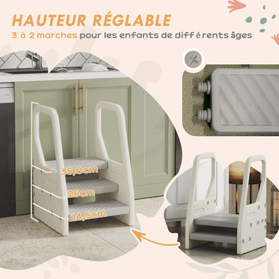 Marchepied enfant escabeau 3 marches pour enfants hauteurs réglables de 3 à 2 marches 43 x 42 x 65,5 cm gris