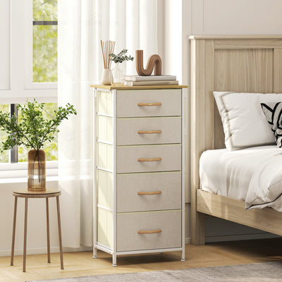 Commode 5 tiroirs en tissu, meuble de rangement avec 4 poches, 2 crochets, structure en acier, 45 x 30 x 94,5 cm, beige