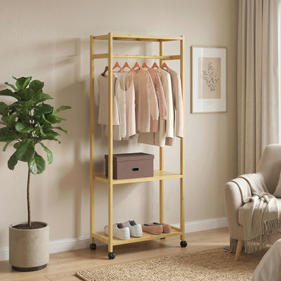 Portant à vêtements à roulettes, porte-manteau en bambou avec 2 étagères et tringle suspendue, 70x35x175cm, bois naturel