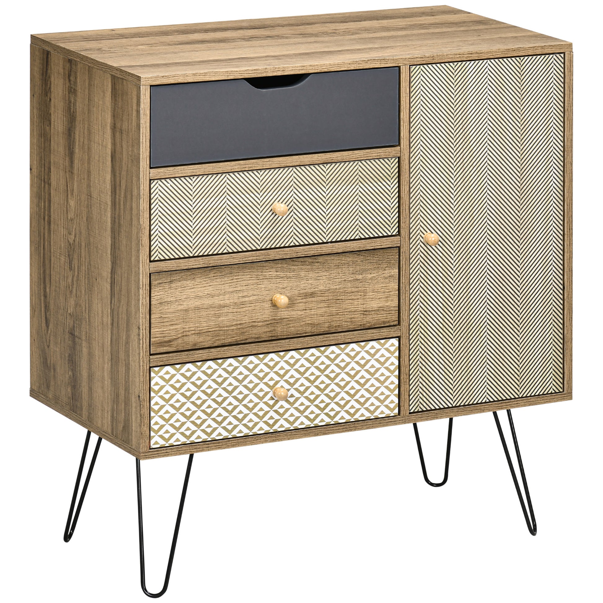 Meuble de rangement commode buffet 4 tiroirs 1 placard - pieds épingles à cheveux style bohème 79 x 39 x 86 cm marron