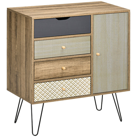 Meuble de rangement commode buffet 4 tiroirs 1 placard - pieds épingles à cheveux style bohème 79 x 39 x 86 cm marron