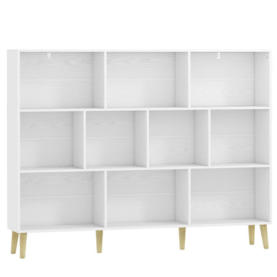 Bibliothèque à 3 Niveaux avec 10 Compartiments, Étagère de Rangement avec Pieds en Bois Massif, Effet Bois Blanc