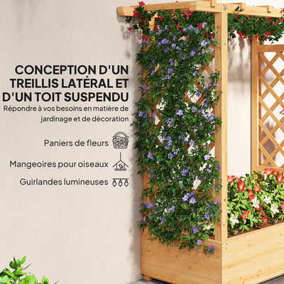 Jardinière surélevée avec treillis latéral et supérieur, bac à fleurs trous de drainage, 110x44x113cm, bois naturel