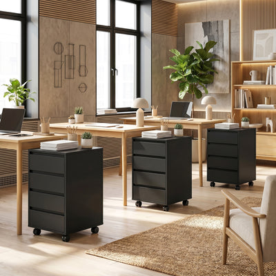 Caisson de bureau rangement bureau sur roulettes 4 tiroirs coulissants en bois aspect bois noir