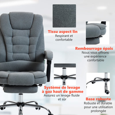 Fauteuil de bureau massant et chauffant, chaise de bureau, hauteur réglable, dossier inclinable, 65x70x111-119cm, gris