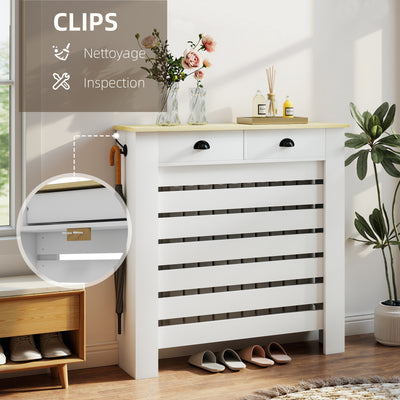 Couvercle de radiateur cache radiateur grille à lattes horizontales avec 2 tiroirs en bois 111l x 19P x 95,5H cm blanc