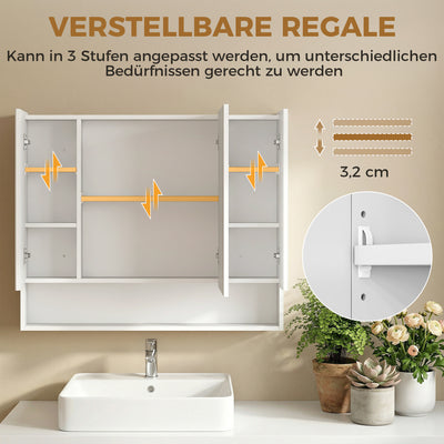 Armoire murale salle de bain avec miroir, armoire de toilette 3 portes miroir, étagères réglables, 90x15x75cm, blanc
