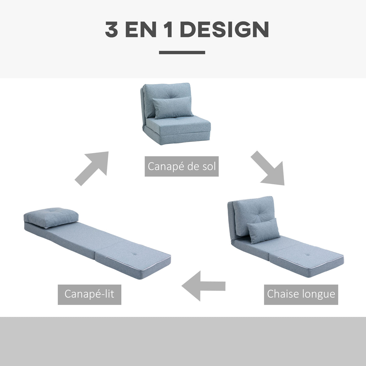 Chauffeuse canapé-lit convertible fauteuil 1 place avec 1 coussin avec dossier réglable, bleu