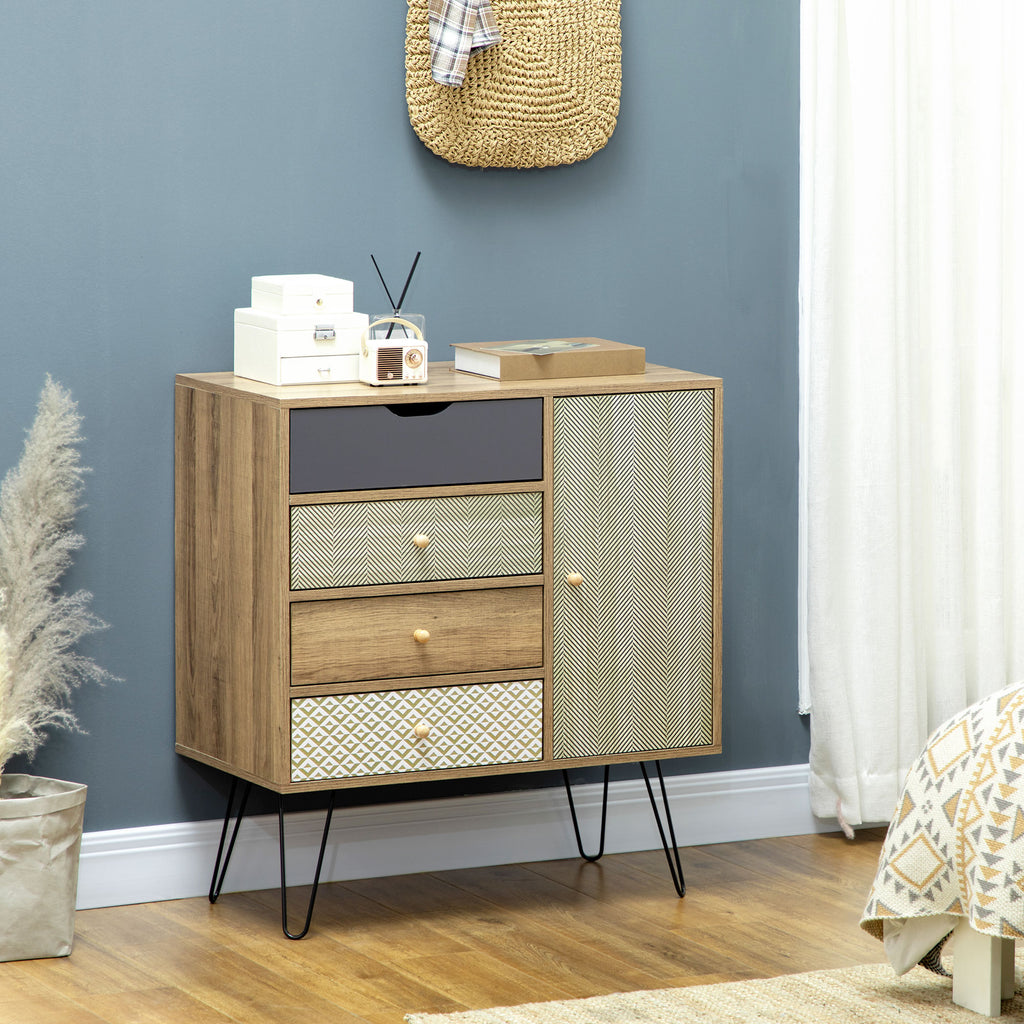 Meuble de rangement commode buffet 4 tiroirs 1 placard - pieds épingles à cheveux style bohème 79 x 39 x 86 cm marron