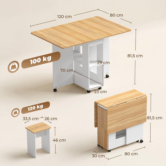 Ensemble table salle à manger pliante avec 4 chaises, table de cuisine avec chaises pour 4 personnes, roulettes, chêne Aosom
