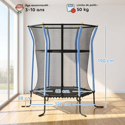 Trampoline pour enfant 1,22 x 1,11 x 1,9 m filet de sécurité porte zippée 6 poteaux rembourrés inclus bleu noir