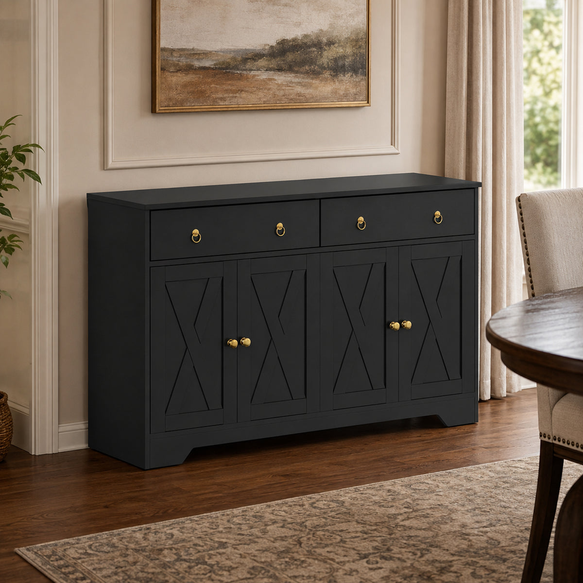 Buffet meuble de rangement armoire de cuisine style rural 2 tiroirs et 2 placards étagères à hauteurs réglables noir