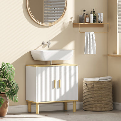 Meuble sous lavabo, meuble de salle de bain avec 2 portes et étagère réglable, 60 x 30 x 61 cm, blanc