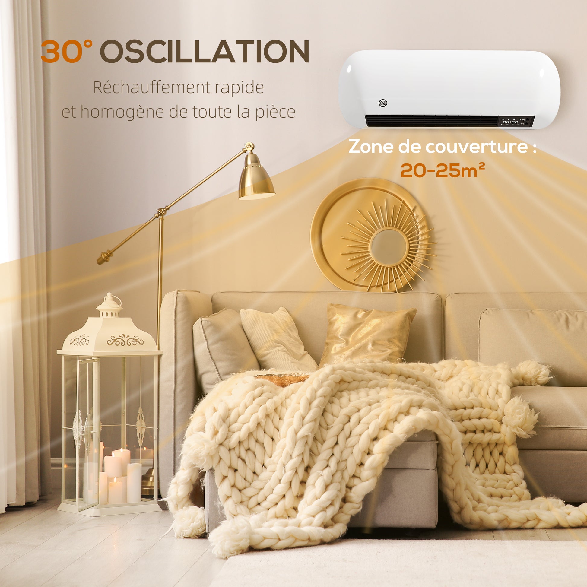 Chauffage mural en céramique 1000/2000W, radiateur électrique, ventilateur, thermostat, minuterie, 50x19x14cm, blanc