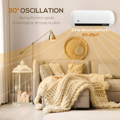 Chauffage mural en céramique 1000/2000W, radiateur électrique, ventilateur, thermostat, minuterie, 50x19x14cm, blanc