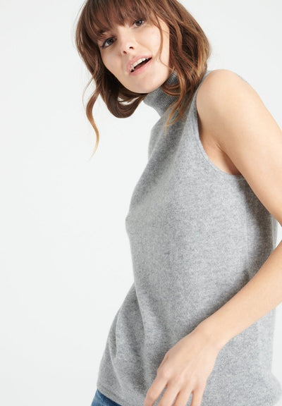 Pull col roulé sans manches femme en cachemire gris clair - LILLY 13
