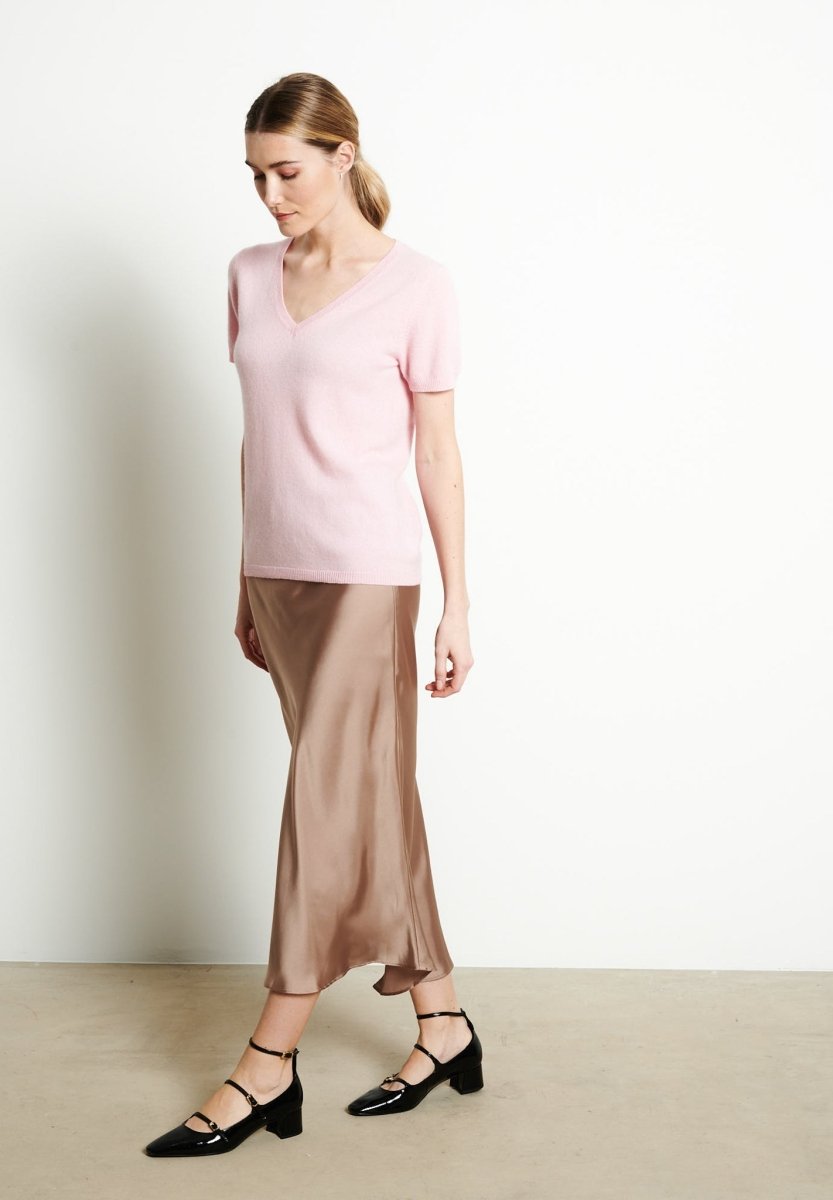 T-shirt col V femme en cachemire rose baby - LILLY 14