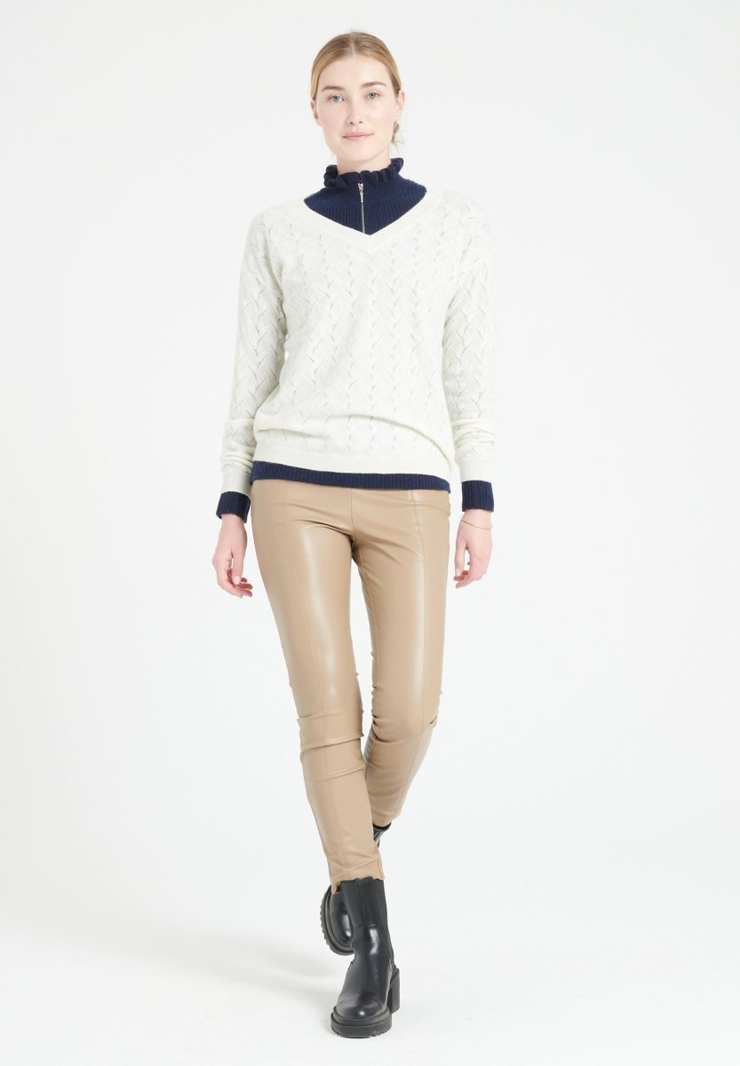 Pull col V femme en cachemire ajouré blanc écru - LILLY 27