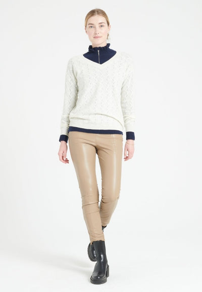 Pull col V femme en cachemire ajouré blanc écru - LILLY 27
