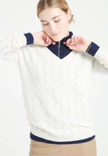 Pull col V femme en cachemire ajouré blanc écru - LILLY 27