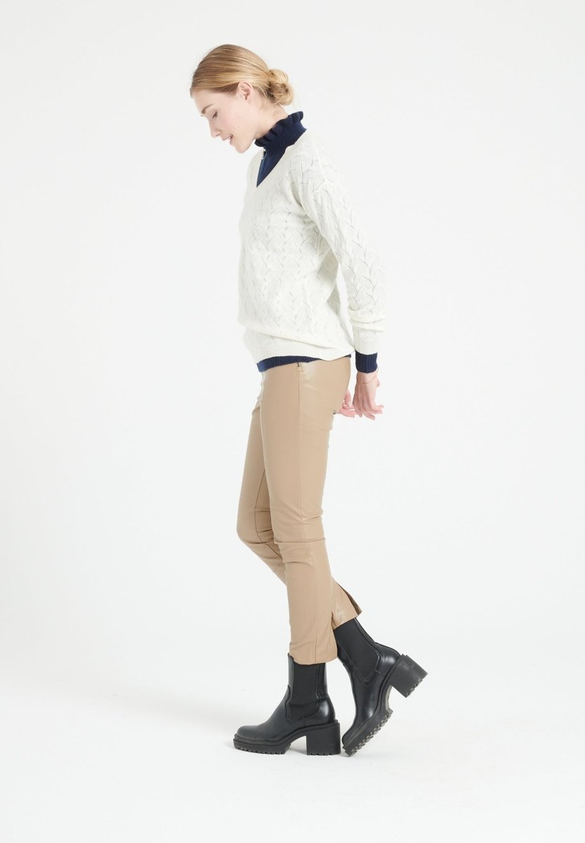 Pull col V femme en cachemire ajouré blanc écru - LILLY 27
