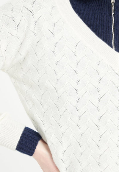 Pull col V femme en cachemire ajouré blanc écru - LILLY 27