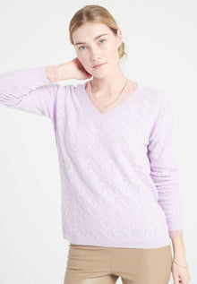 Pull col V femme en cachemire ajouré lilas - LILLY 27