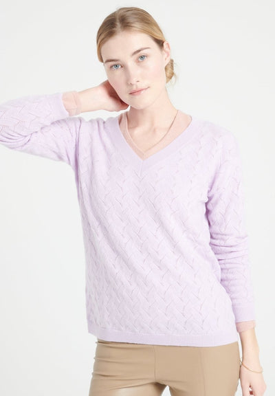 Pull col V femme en cachemire ajouré lilas - LILLY 27