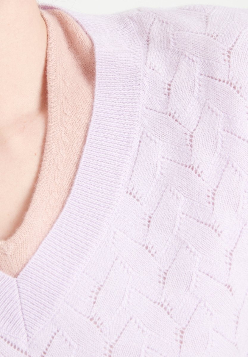 Pull col V femme en cachemire ajouré lilas - LILLY 27