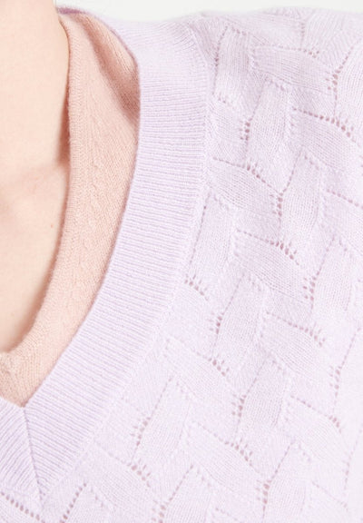 Pull col V femme en cachemire ajouré lilas - LILLY 27