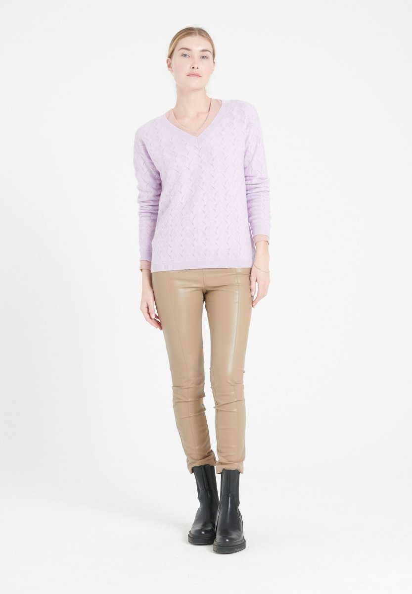 Pull col V femme en cachemire ajouré lilas - LILLY 27