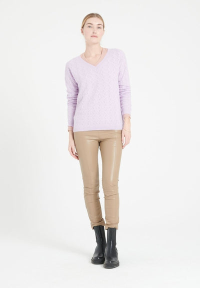 Pull col V femme en cachemire ajouré lilas - LILLY 27