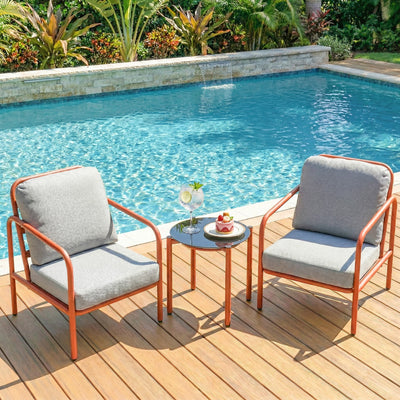 Salon de Jardin 3 Pièces, 2 Fauteuils, 1 Table Basse, Coussins Épais, Plateau en Verre Trempé, 63x77x76cm, Rouge Vineux