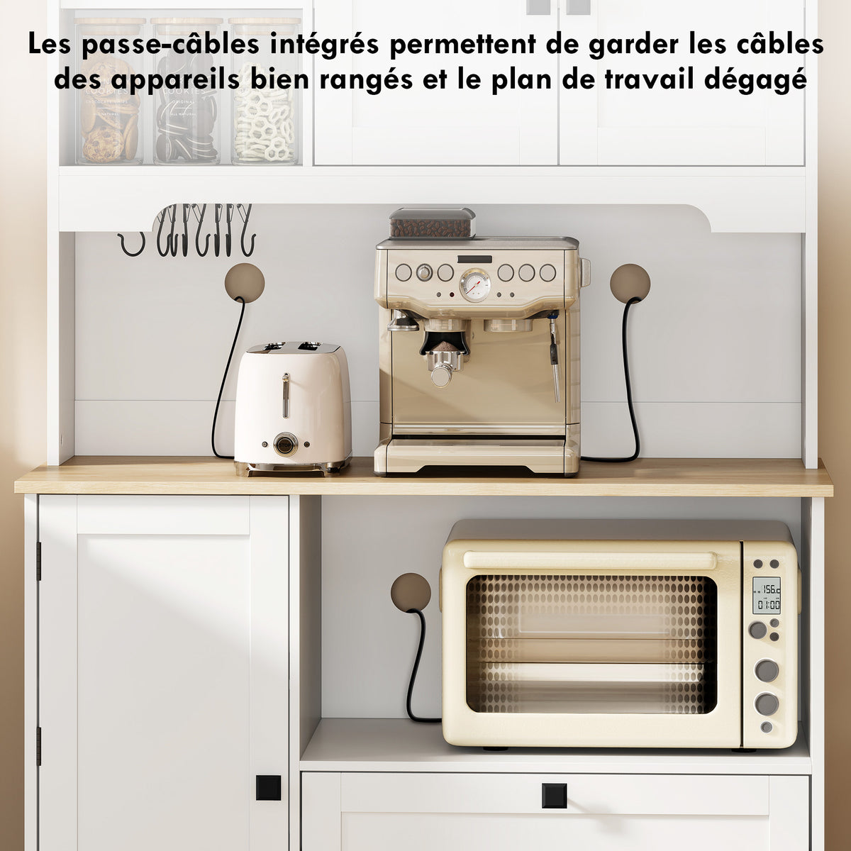 Buffet Haut Cuisine, Armoire Cuisine avec 3 Portes, 2 Tiroirs, Plan de Travail, Compartiments Ouverts, Blanc