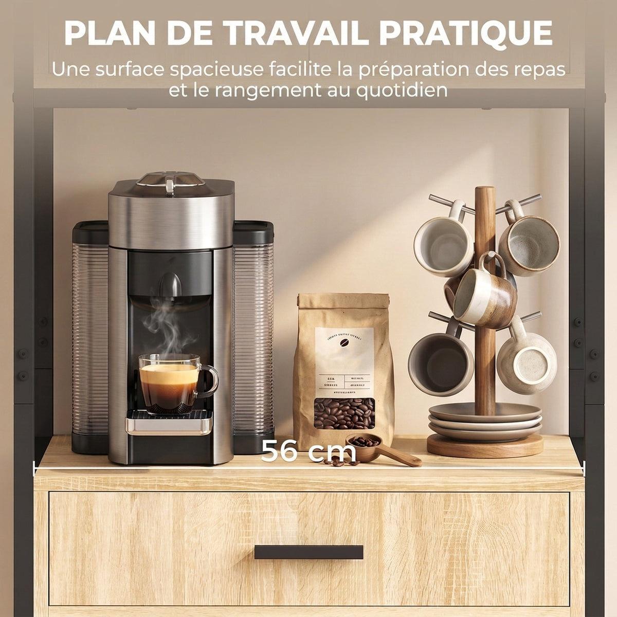 Buffet Haut Cuisine, Armoire de Cuisine, 4 Portes à Fermeture Douce, Tiroir, Plan de Travail, 60x30x170cm, Bois Naturel