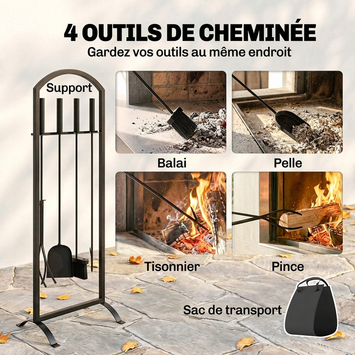 Serviteur de Cheminée 6 Pièces avec Sac à Bûches